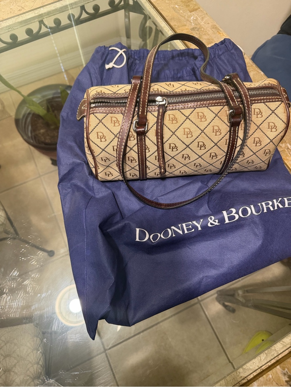 Dooney & Bourke Tan Monogram Mini Barrel Satchel with Brown Trim